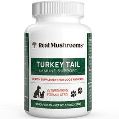 Real Mushrooms Turkey Tail pet bottle shows an organic supplement for daily pet balance.
