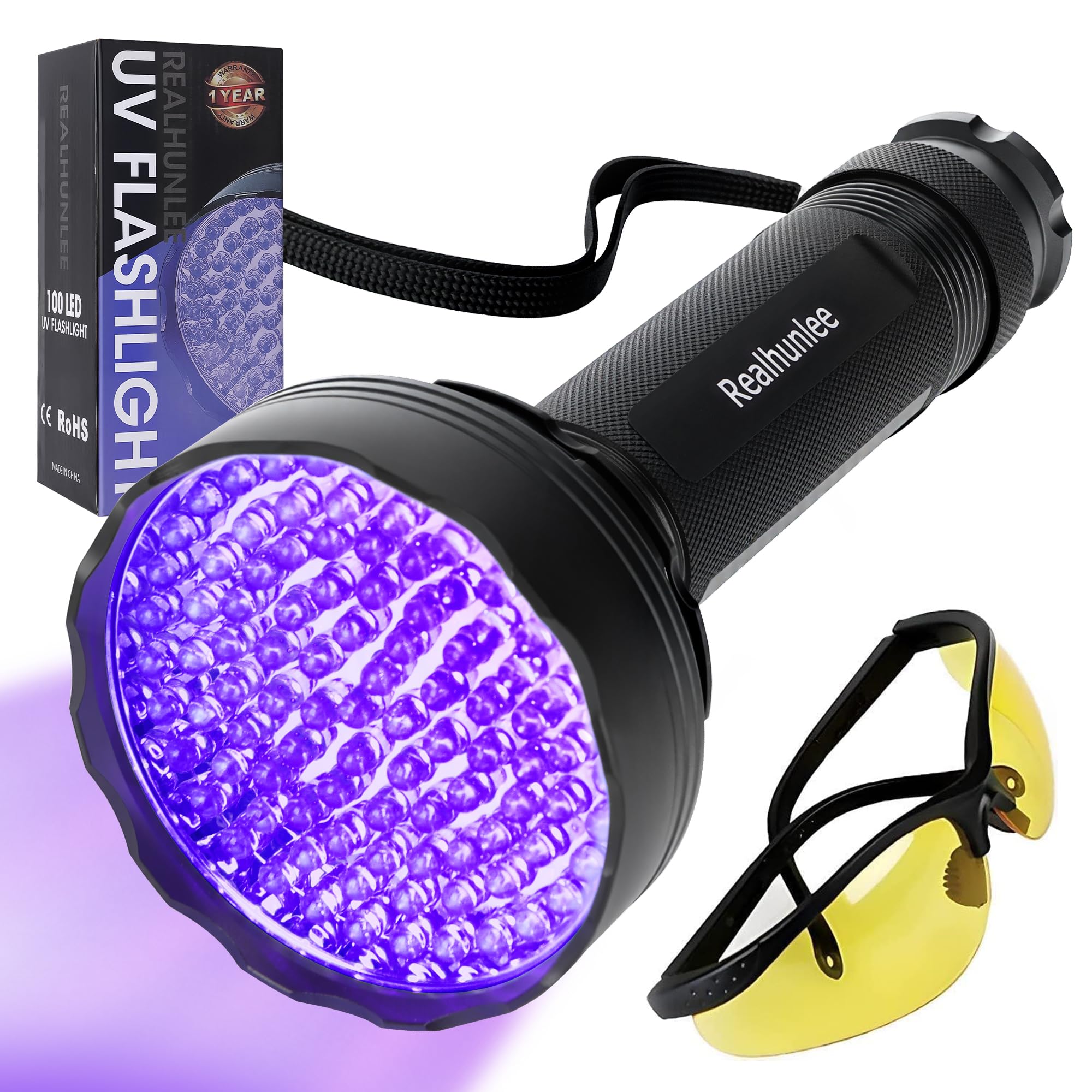 Realhunlee UV flashlight ultra-bright 395nm reveals hidden stains clearly