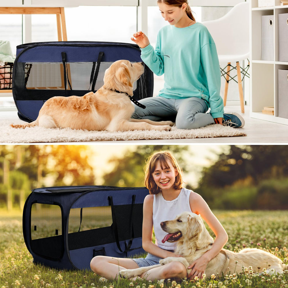 Realife dog enclosure folded in its storage bag for compact packing.