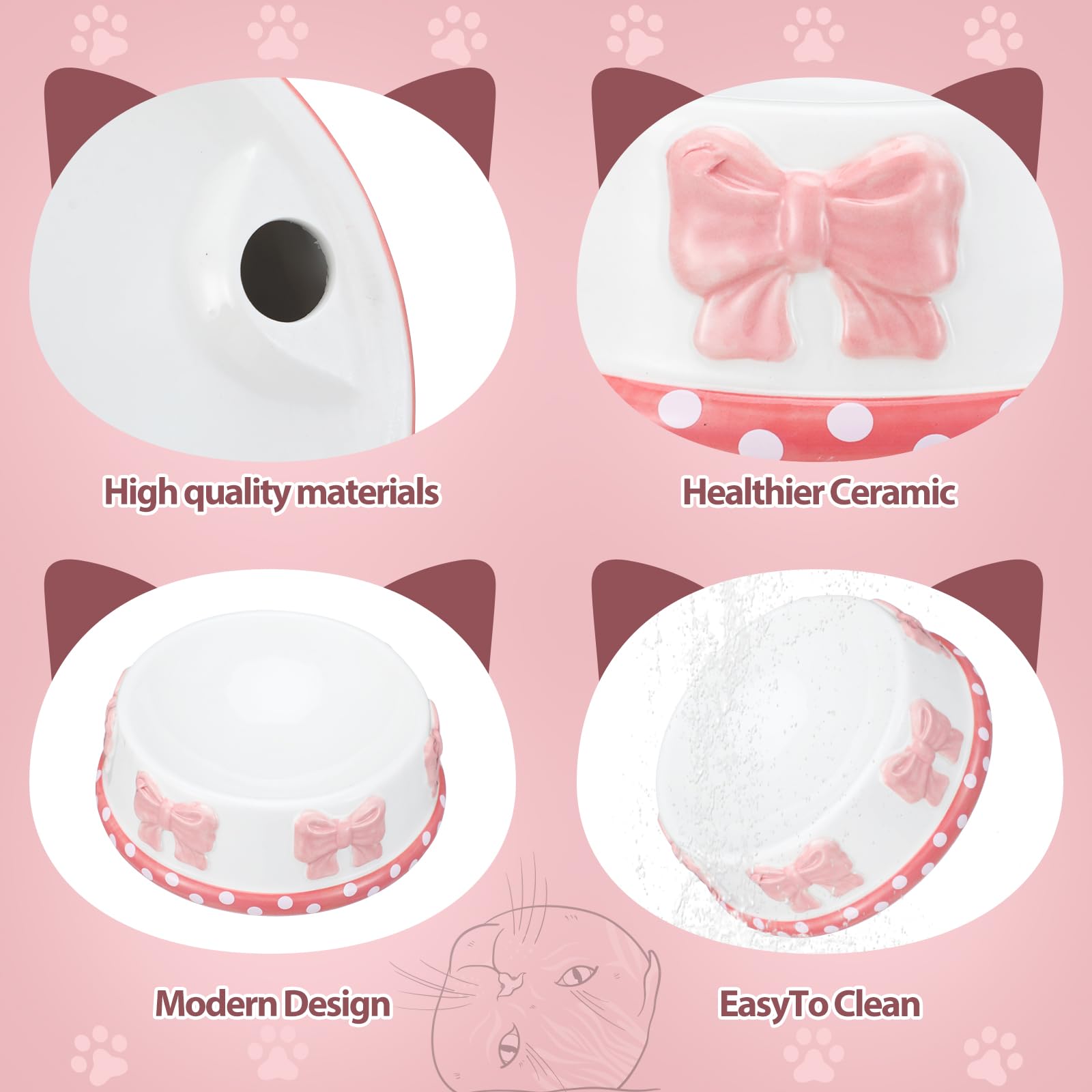 Reallnaive pink bow ceramic pet bowl base shows grippy bottom for preventing spills.