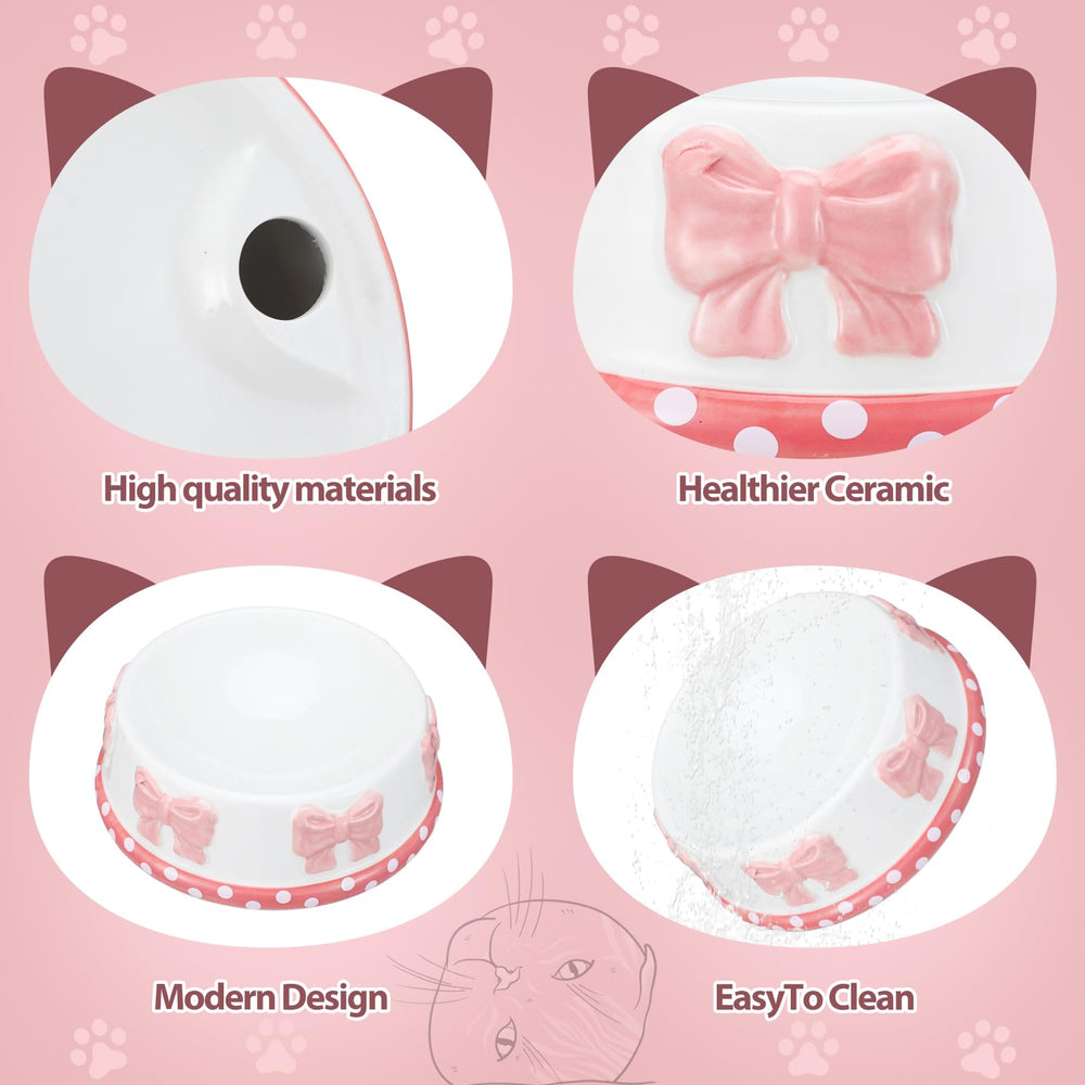 Reallnaive pink bow ceramic pet bowl base shows grippy bottom for preventing spills.