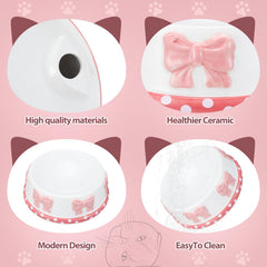 Reallnaive pink bow ceramic pet bowl base shows grippy bottom for preventing spills.