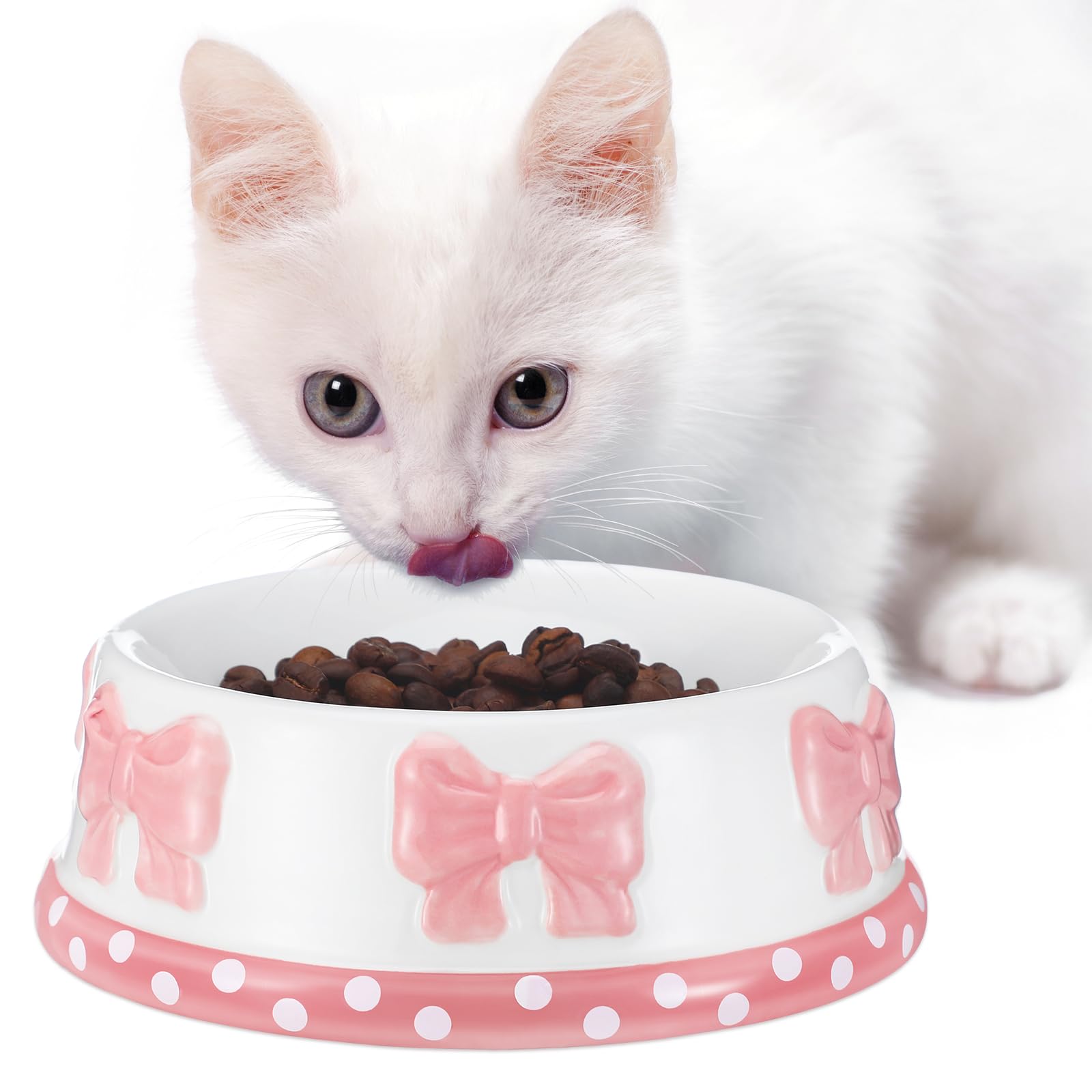 Reallnaive pink bow ceramic pet bowl with dimensions for small pets.