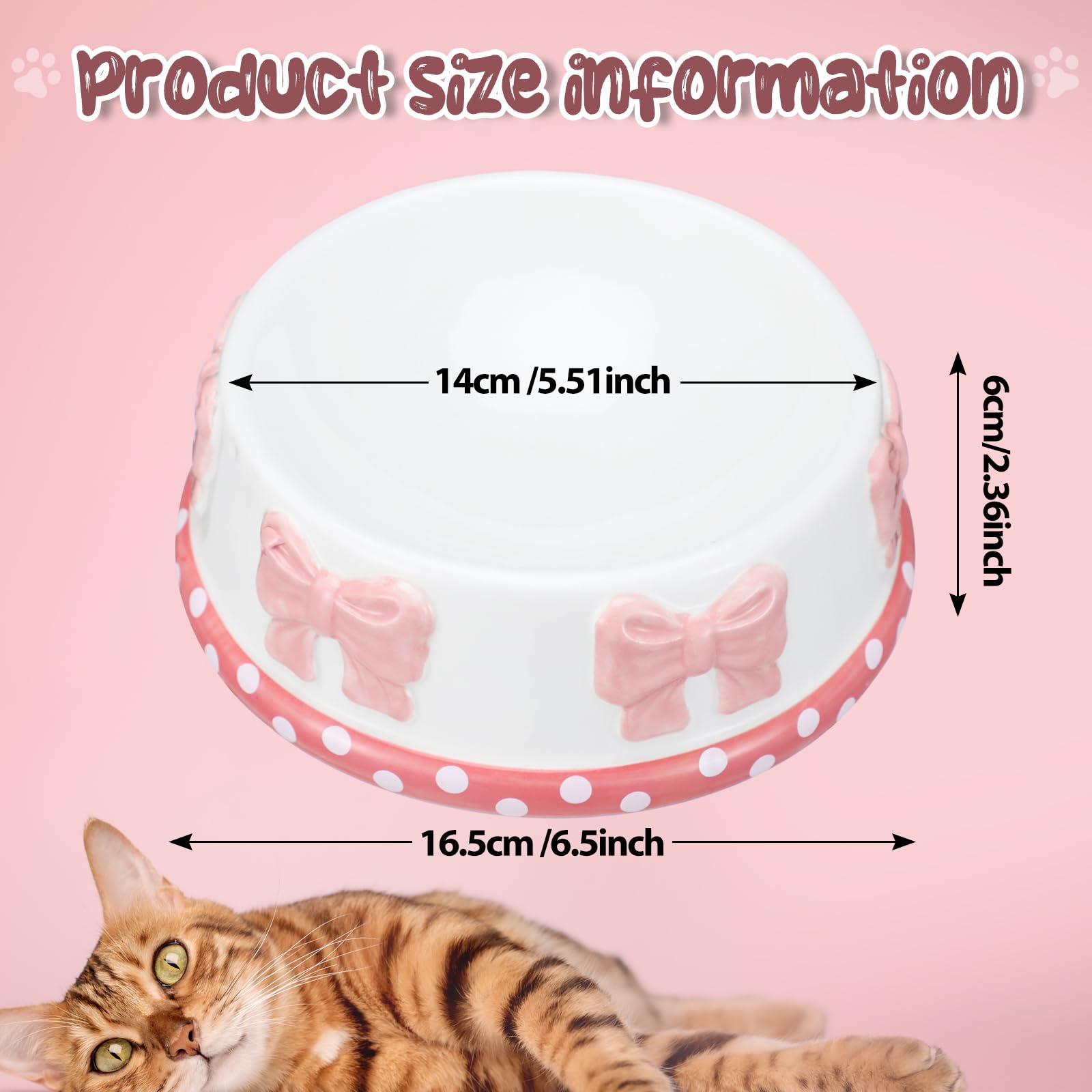 Reallnaive pink bow ceramic pet bowl side view emphasizes non-slip base for steady meals.