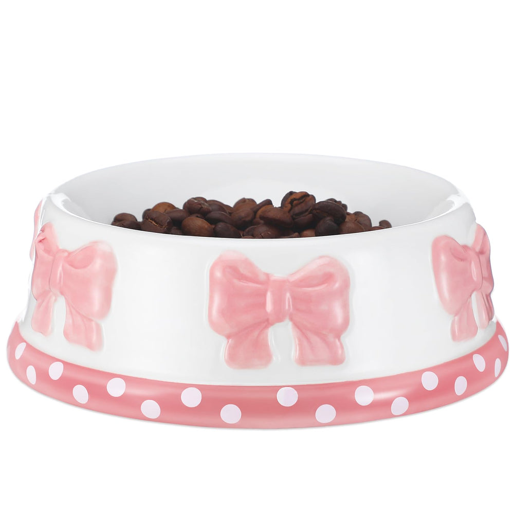 Reallnaive pink bow ceramic pet bowl front view, stable and stylish for small dogs and cats.