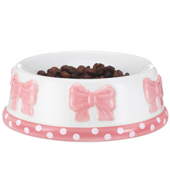 Reallnaive pink bow ceramic pet bowl front view, stable and stylish for small dogs and cats.