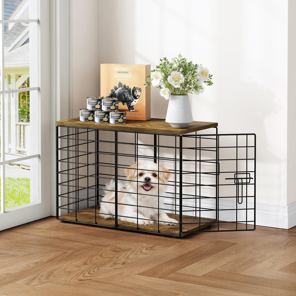 Rechgosh 24-inch dog crate end table shown in a living room setup for small dogs.