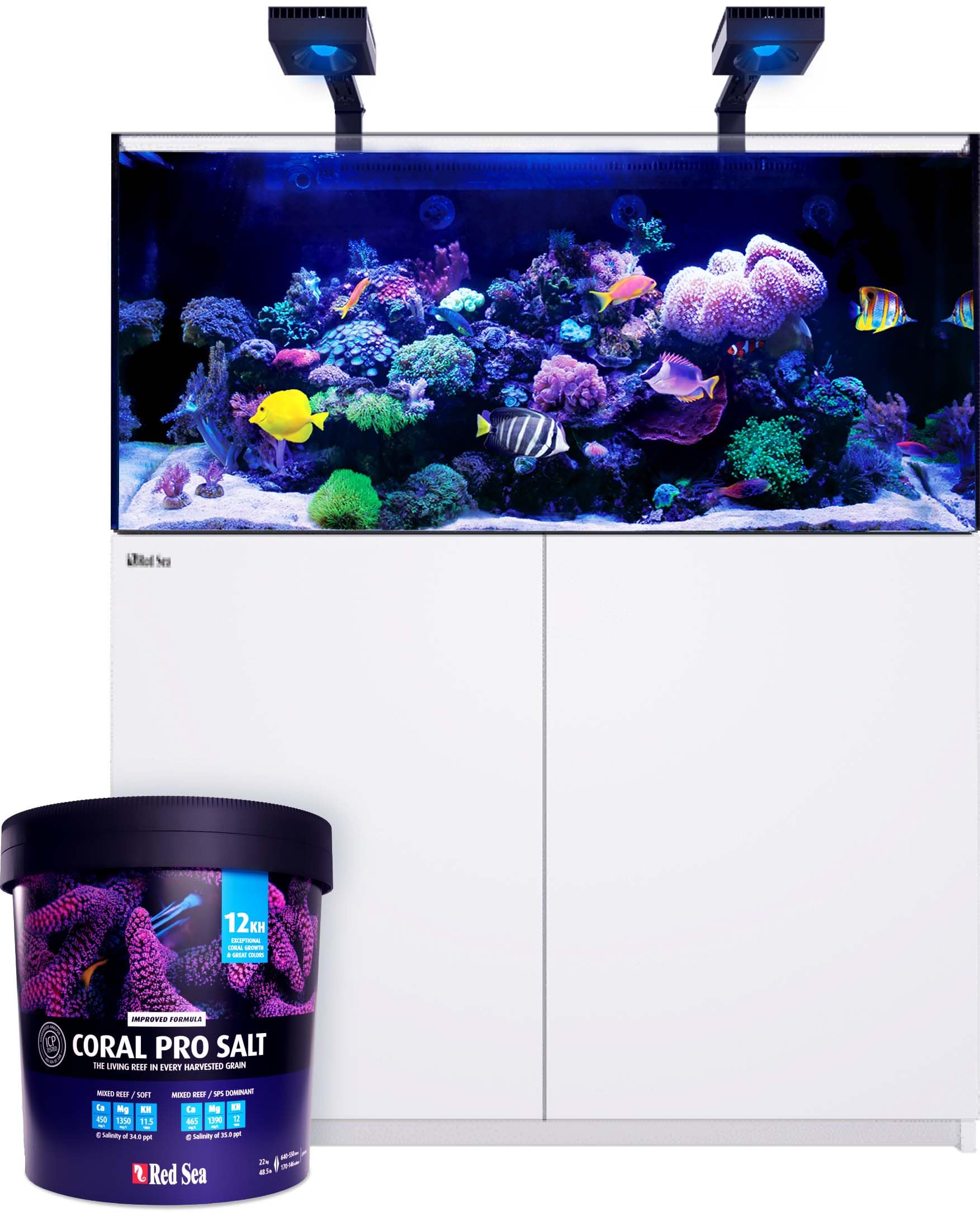 Red Sea Coral Pro Reef Salt Mix bucket pour demonstrates convenient dosing for reef tanks.
