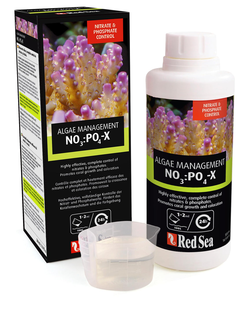 Red Sea NO3:PO4-X label closeup shows nutrient-reducing action for reefs.
