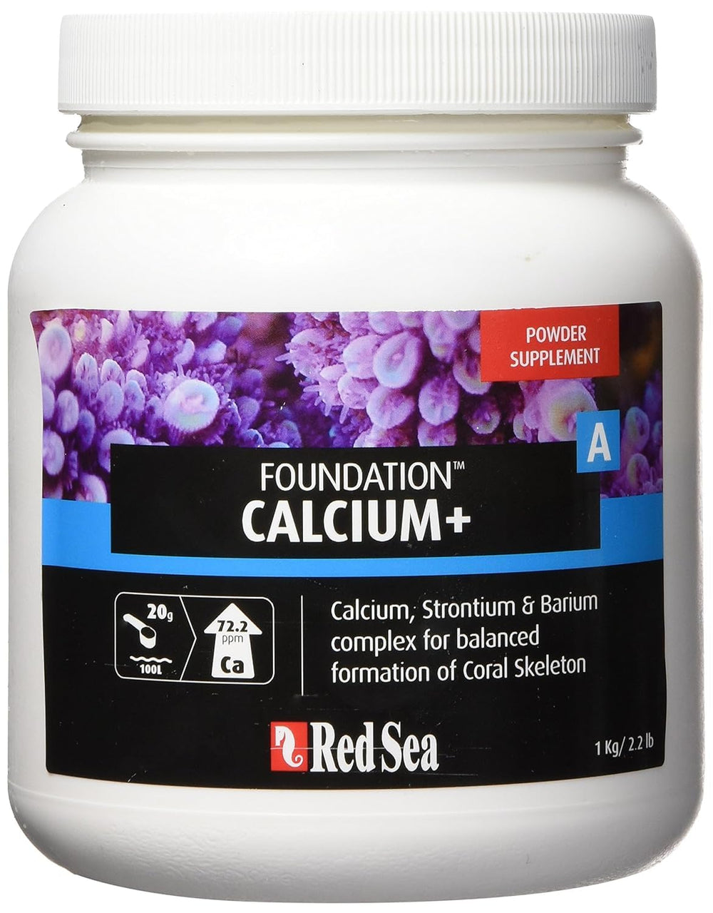 Red Sea Reef Foundation A powder bottle closeup demonstrates easy-to-use reef supplementation.