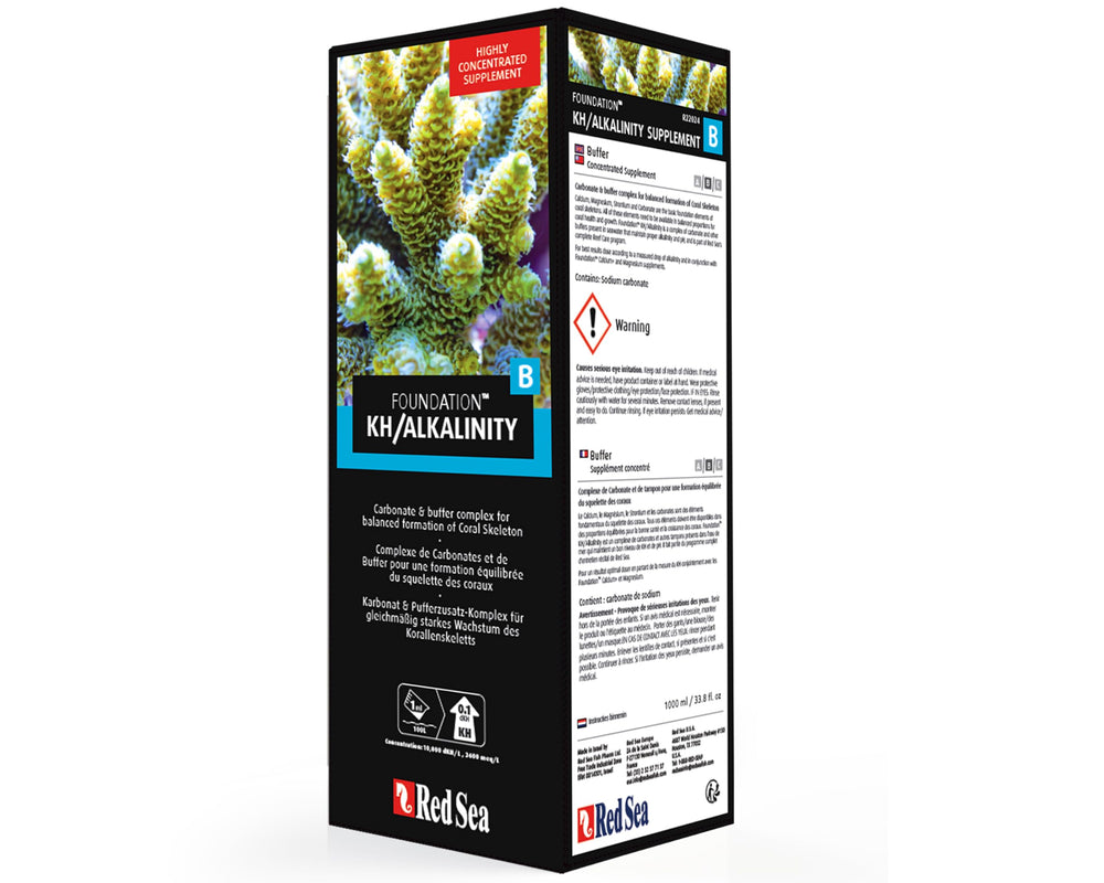 Red Sea Reef Foundation B Alkalinity aids in setting up a reef aquarium.