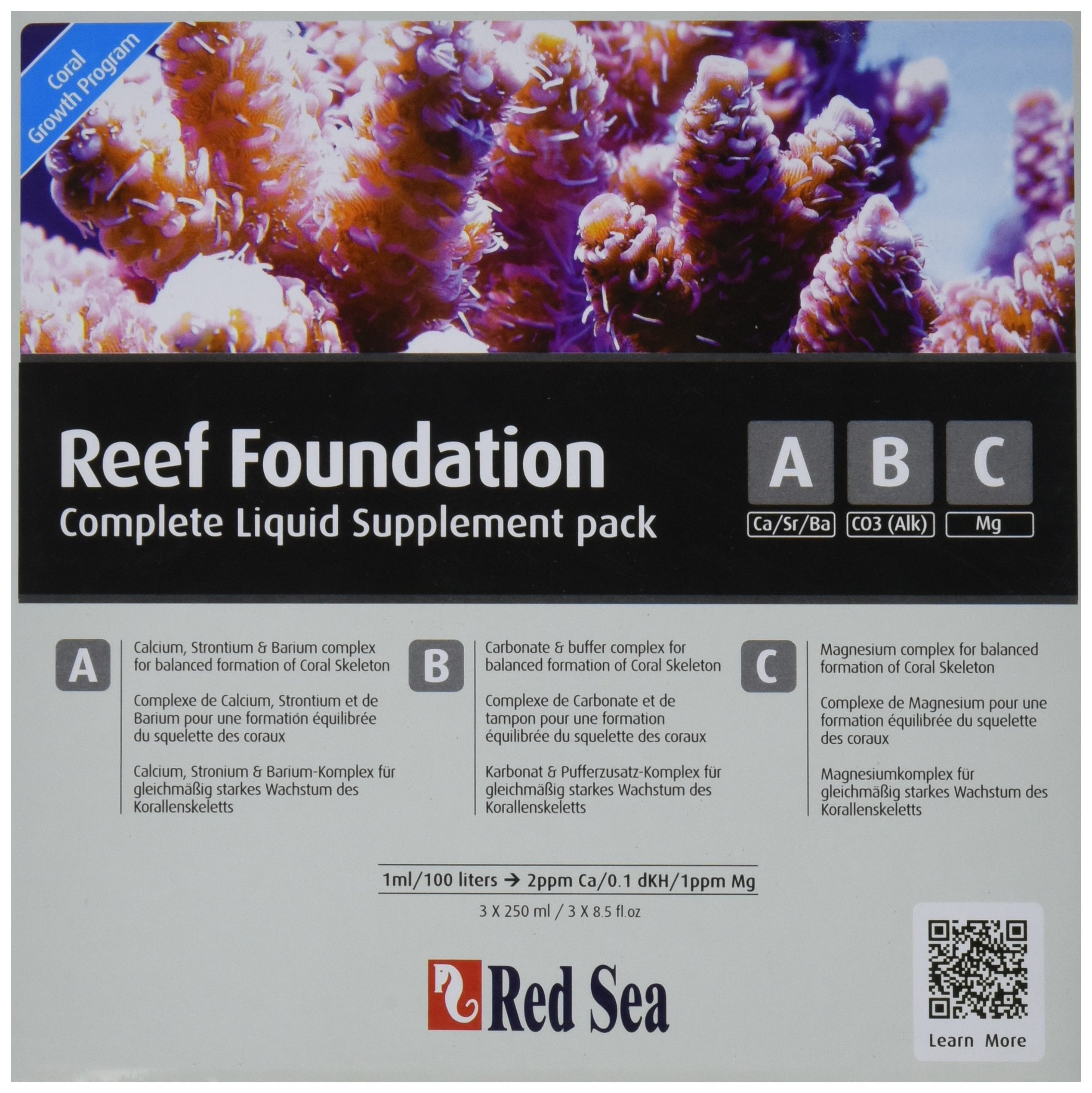 Red Sea Reef Foundation powder bottle demonstrates base-element supplement for coral health.