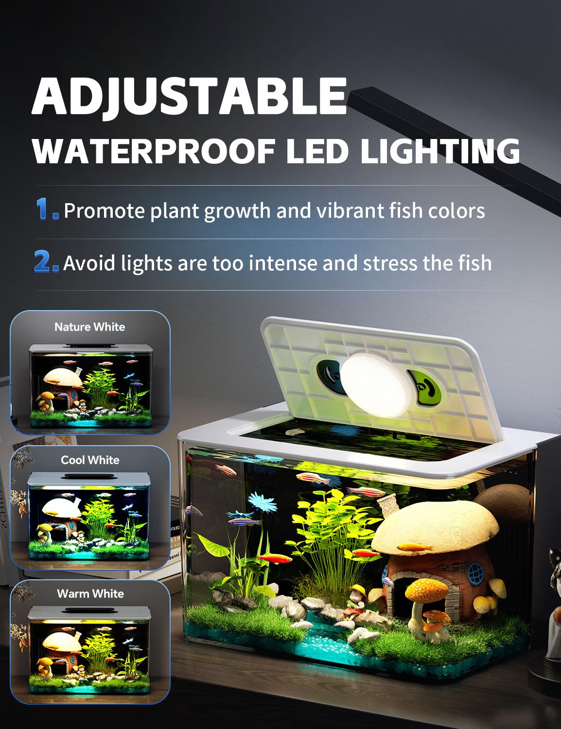 Detachable lid with LED light on Red Tail Fish 2.5-gallon kit