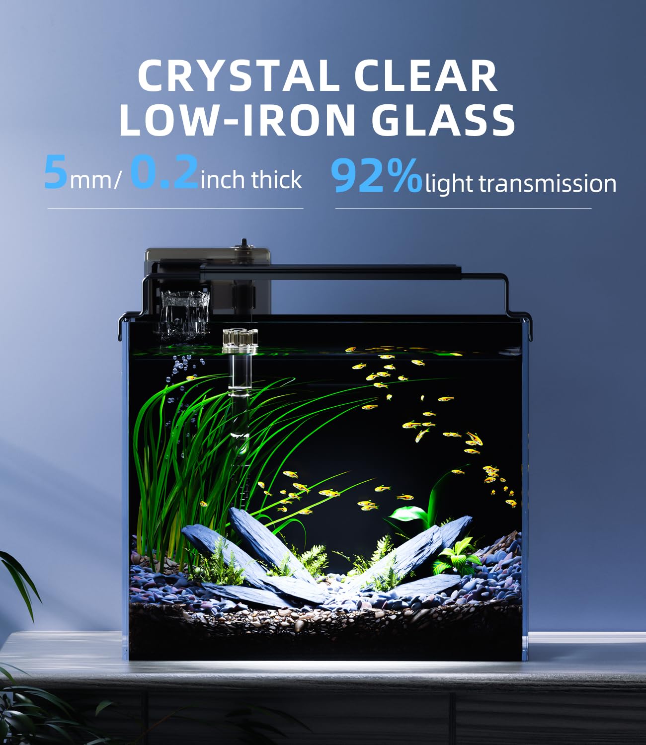 Red Tail Fish 3-gallon tank lid assembly keeps dust out and evaporation low.