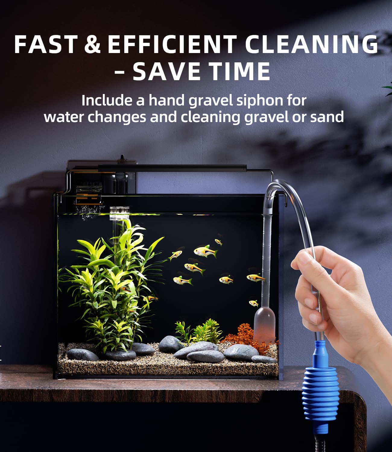 Red Tail Fish siphon vacuum cleaner for easy gravel maintenance.