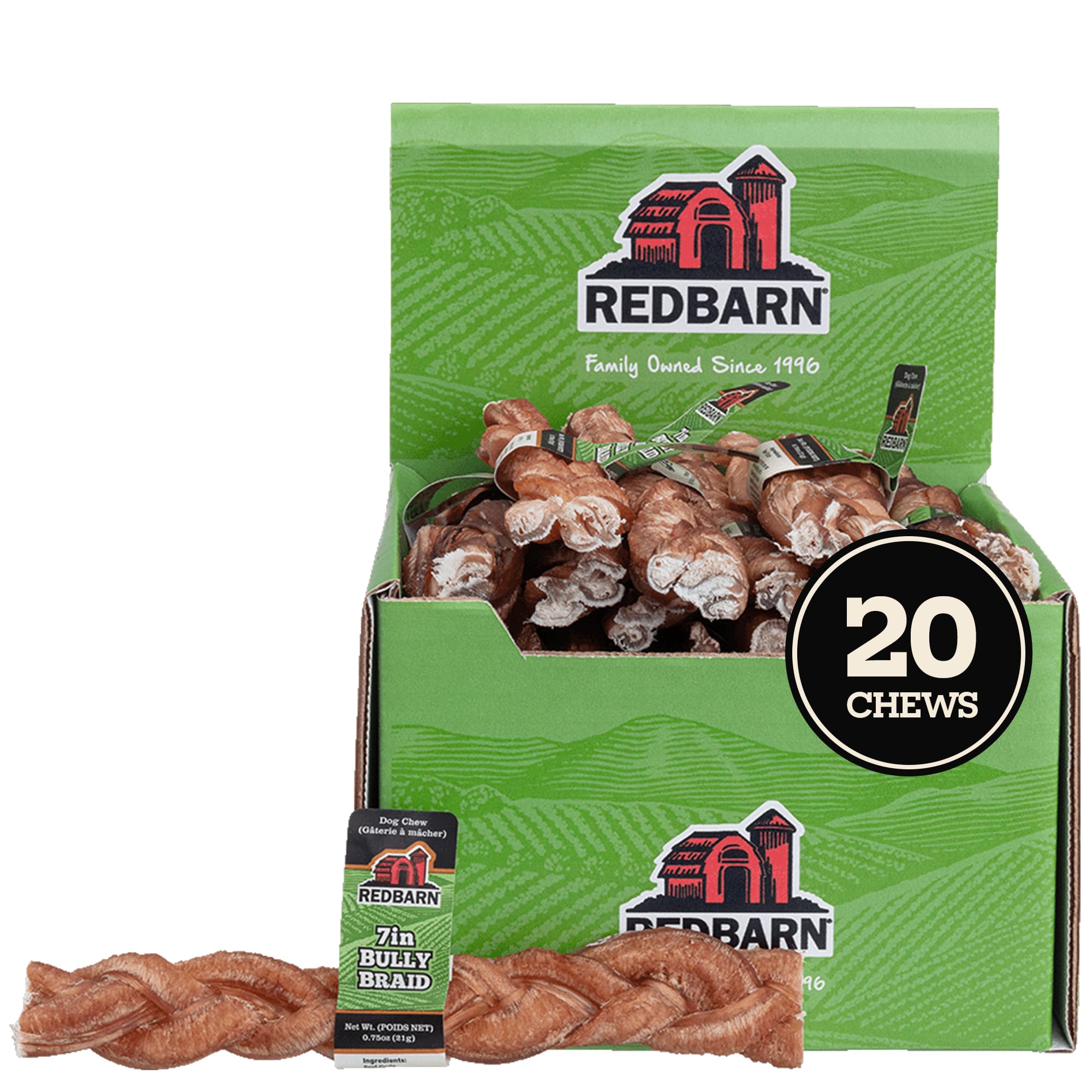 Redbarn 7-inch braided bully stick packaging image showcasing durable dog chews.