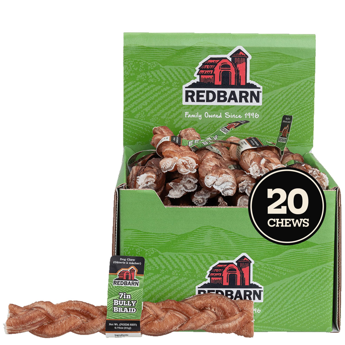 Redbarn 7-inch braided bully stick packaging image showcasing durable dog chews.