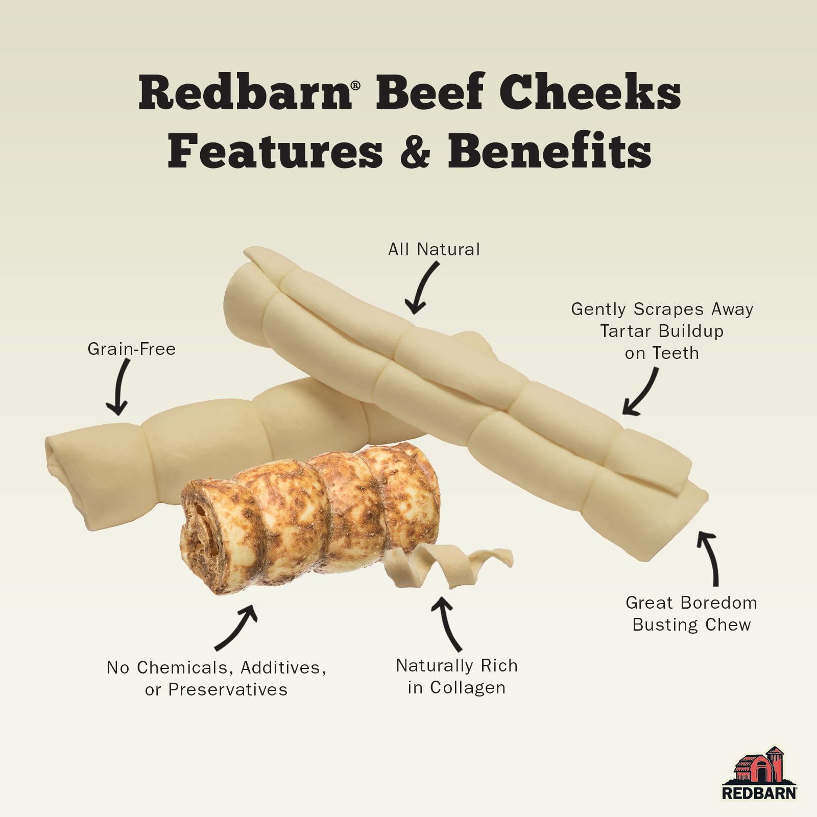 Redbarn Beef Cheek Rolls boredom-buster image—unique shape encourages interactive chewing.
