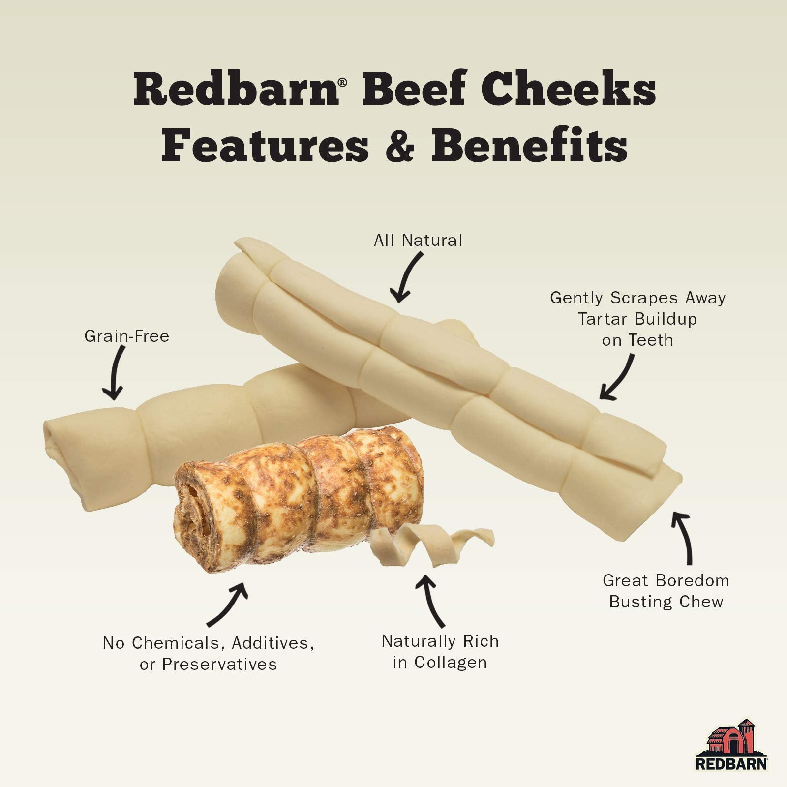 Redbarn beef cheek rolls pack of 12 displayed for bulk dog chews.