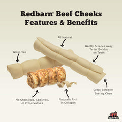 Redbarn beef cheek rolls pack of 12 displayed for bulk dog chews.