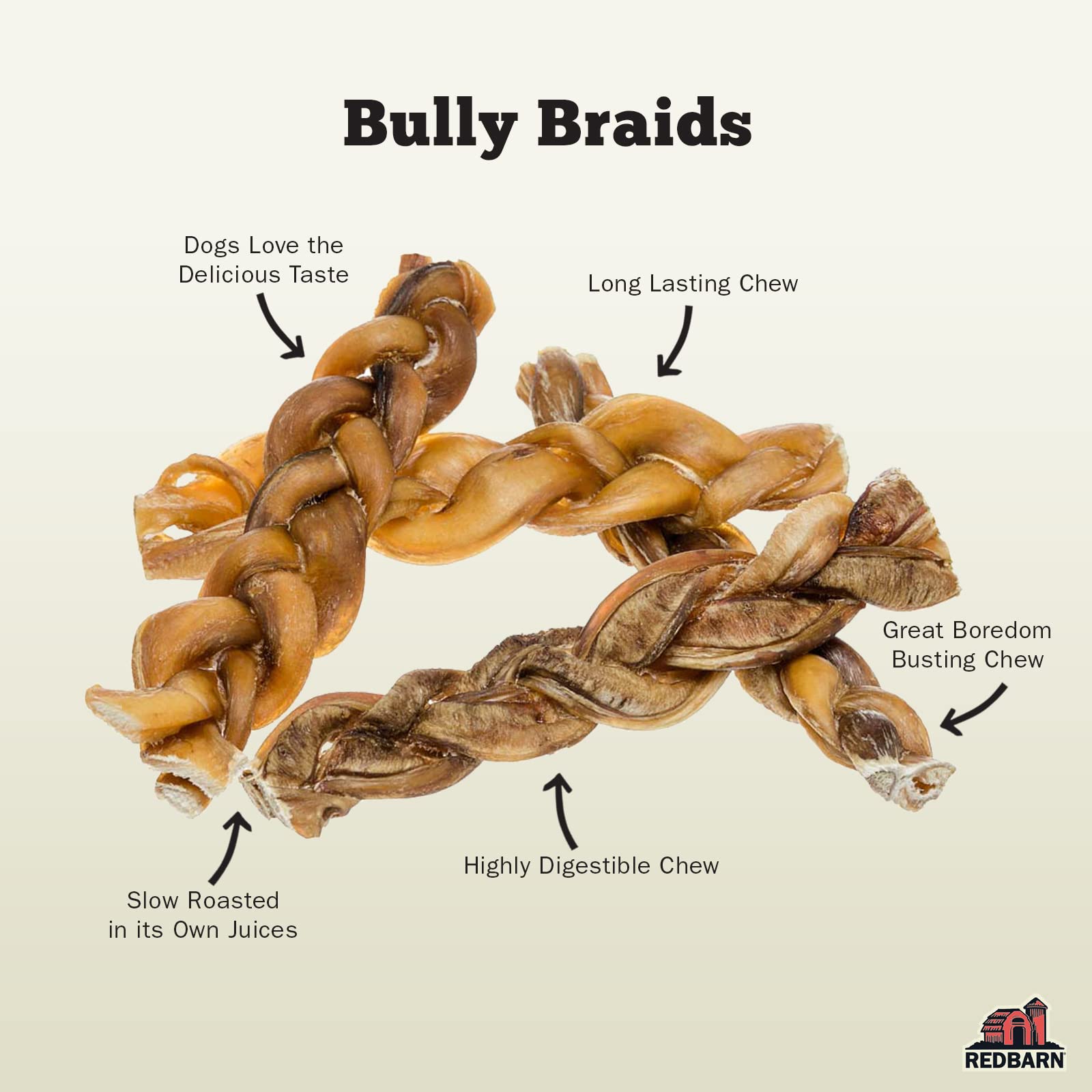 Redbarn braided bully stick closeup texture showcases chewy, satisfying fibers.