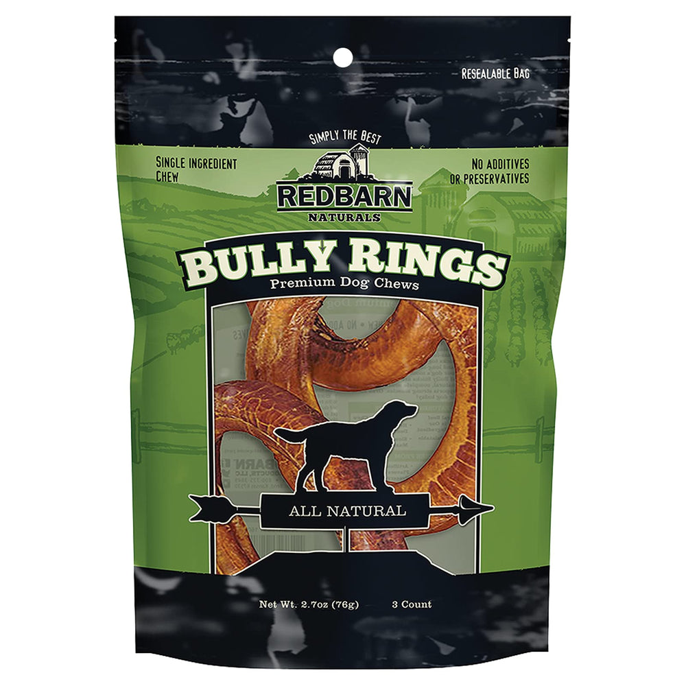 Redbarn Bully Rings open box shows a single-ingredient beef chew for durable chewing.