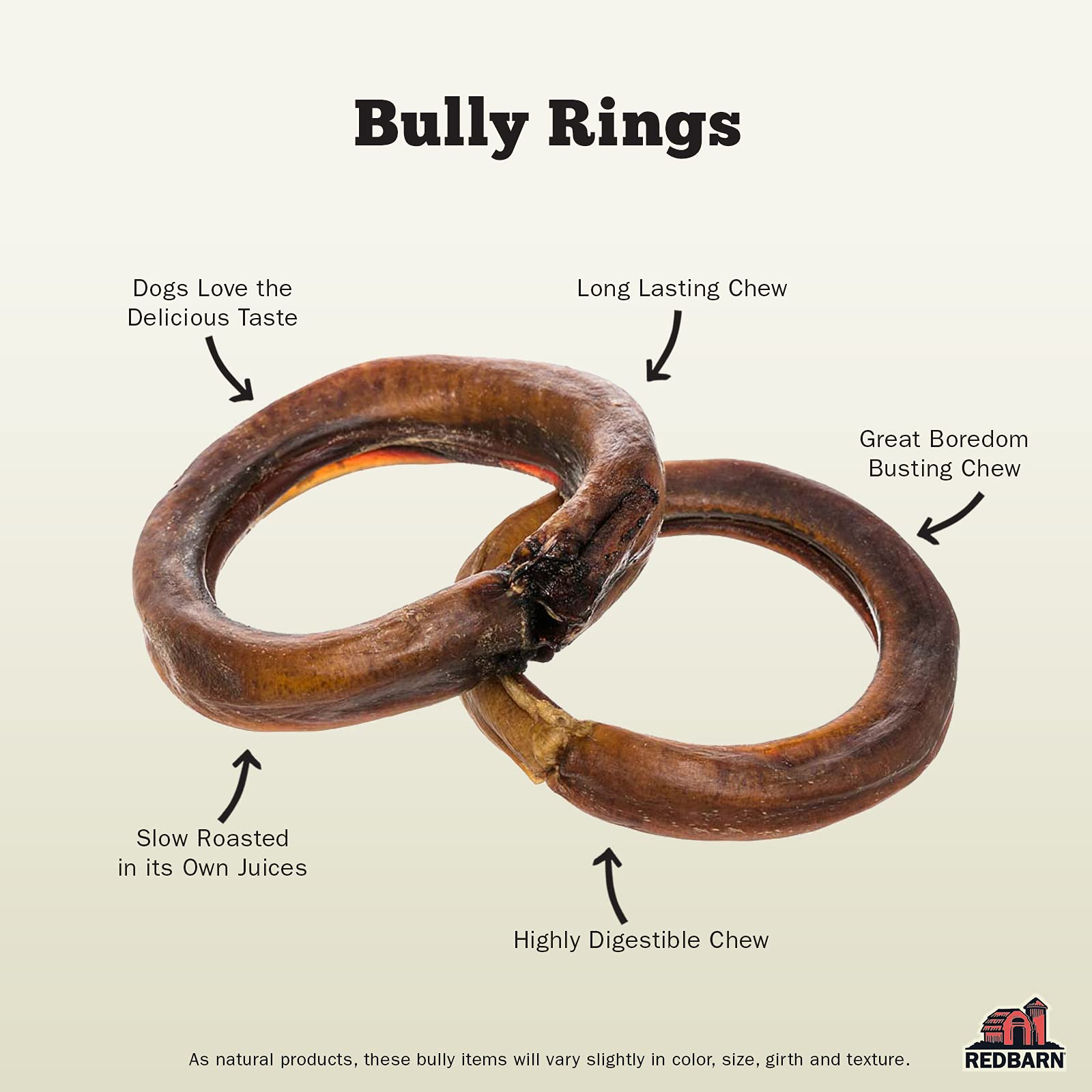 Redbarn Bully Rings raw beef pizzle close-up supports natural chewing satisfaction.