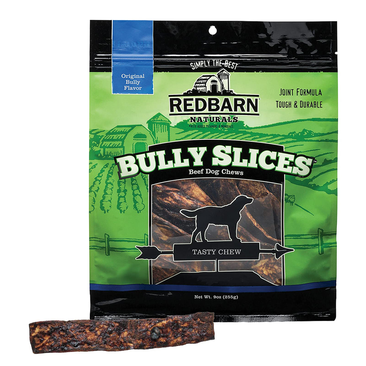 Redbarn Bully Slices original pack front showing three 9 oz bags for long-lasting chew sessions.