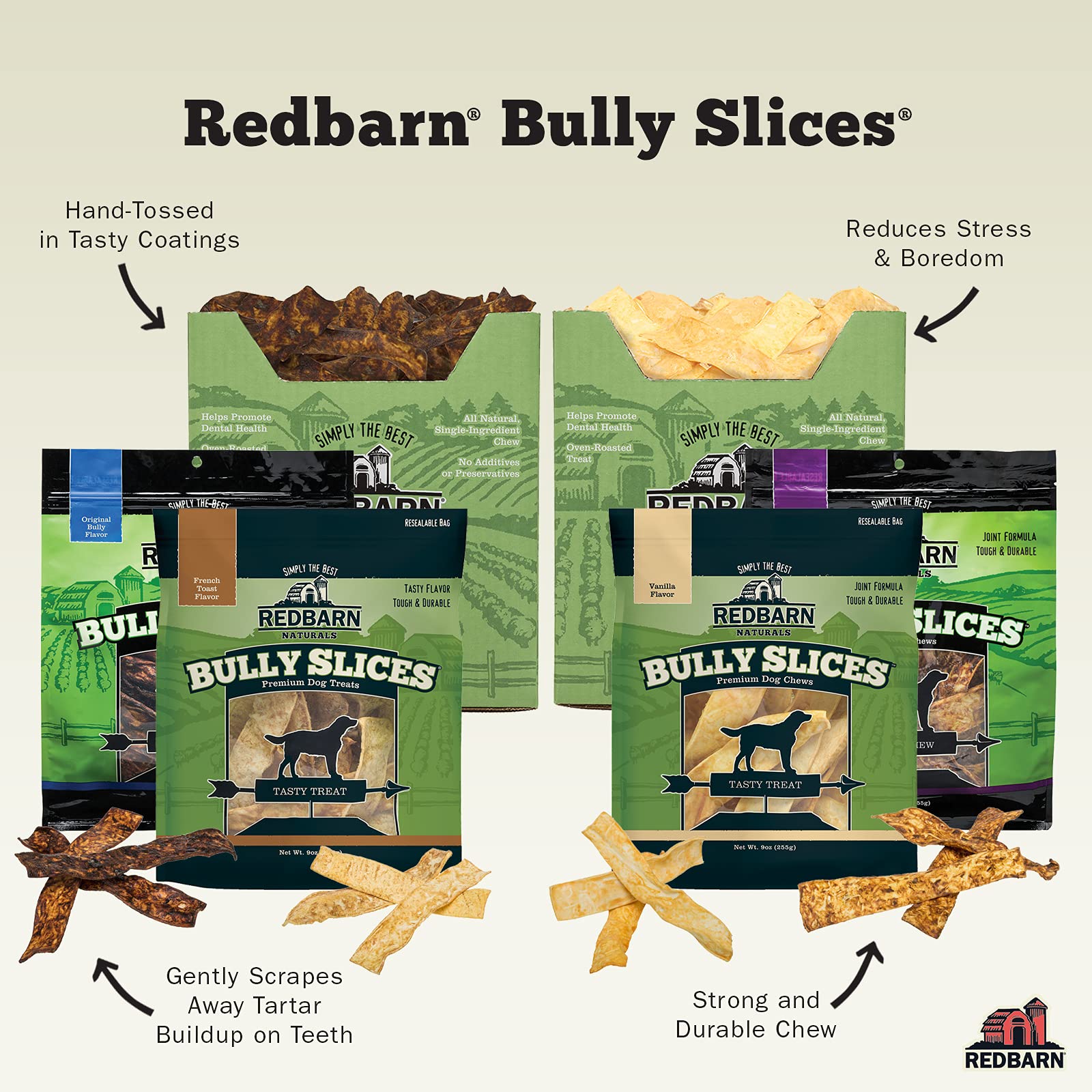 Redbarn Bully Slices USA-made label closeup emphasizes quality and safety testing.