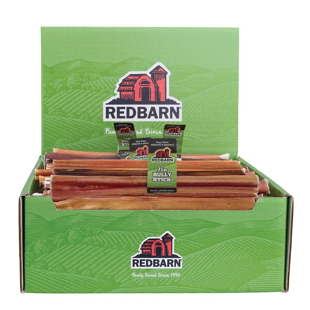Redbarn bully stick 7in case front view — long-lasting single-ingredient beef chew.