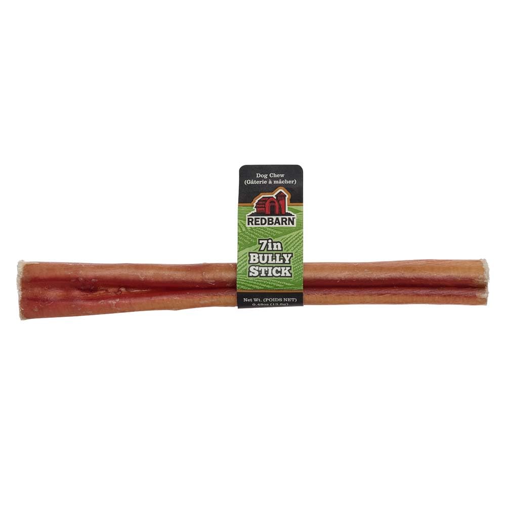 Redbarn bully stick 7in close-up — 100% beef, natural flavor for rewards.
