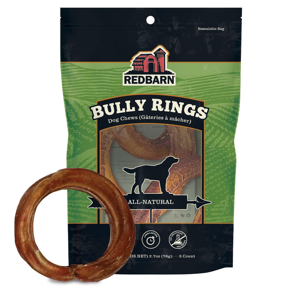 Redbarn Bully Stick Rings three-pack for dogs' long-lasting chew and enjoyment.