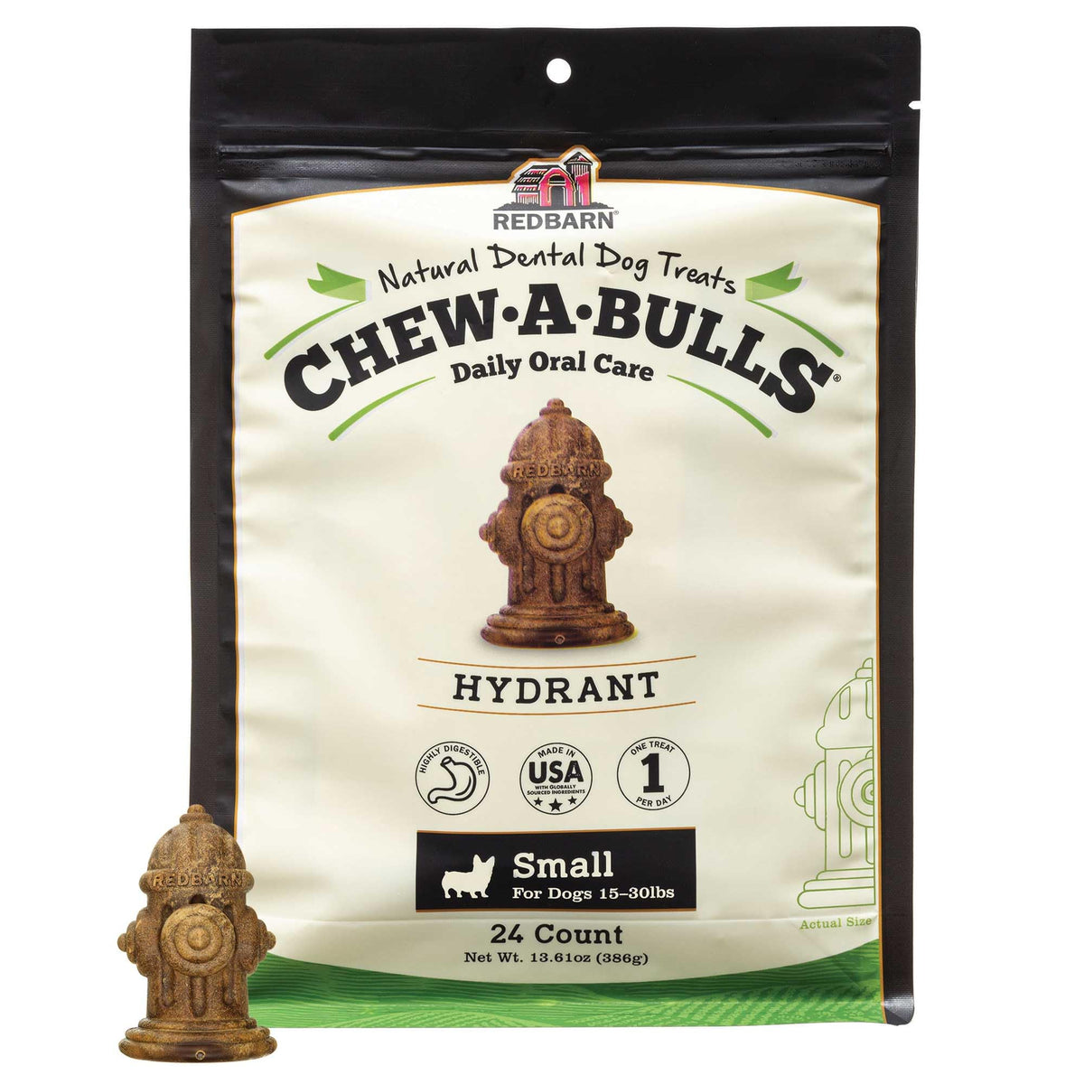 Redbarn Chew-A-Bulls en forma hidrante para limpieza dental diaria del perro.
