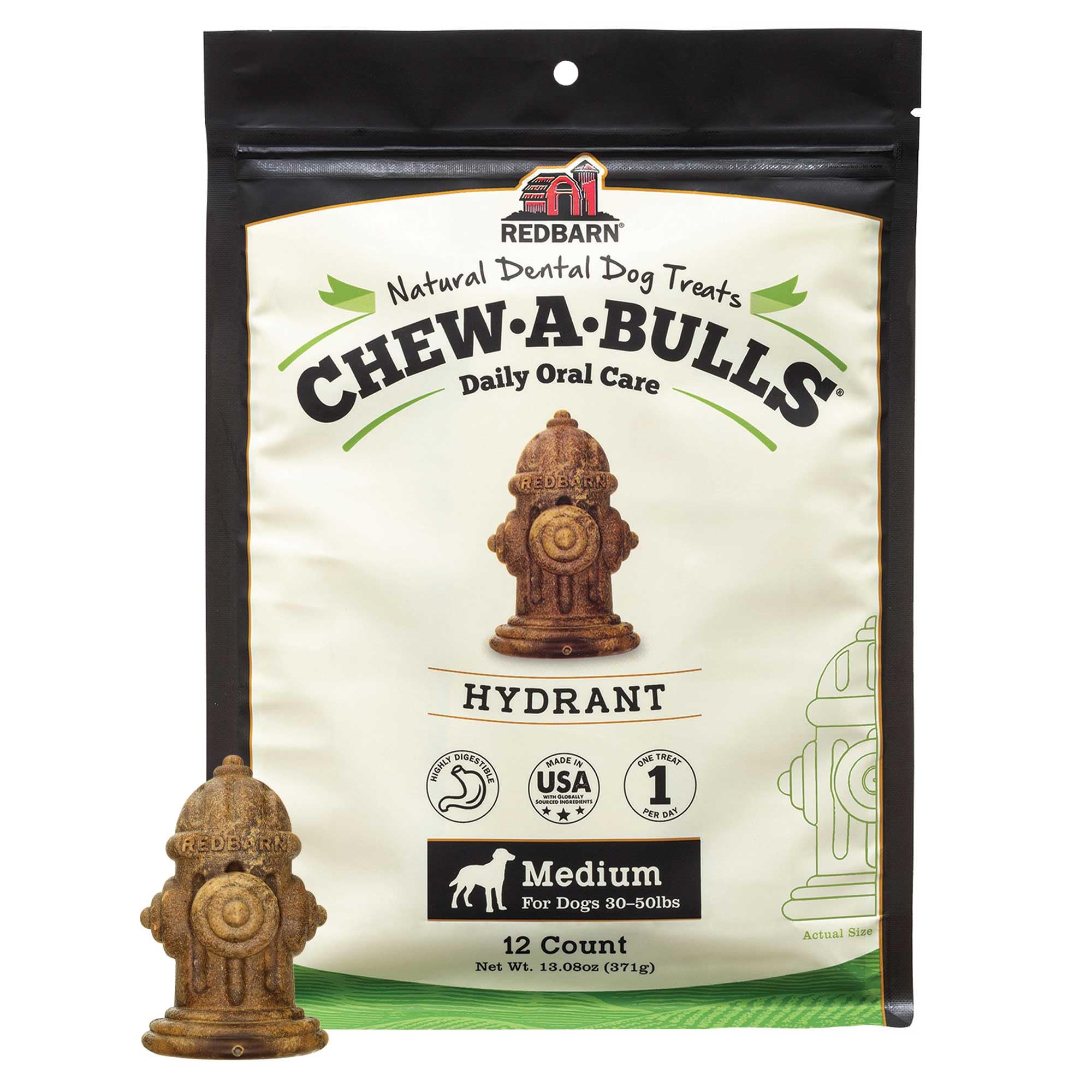 Redbarn Chew-A-Bulls hydrant-shape chews support daily oral care for dogs.