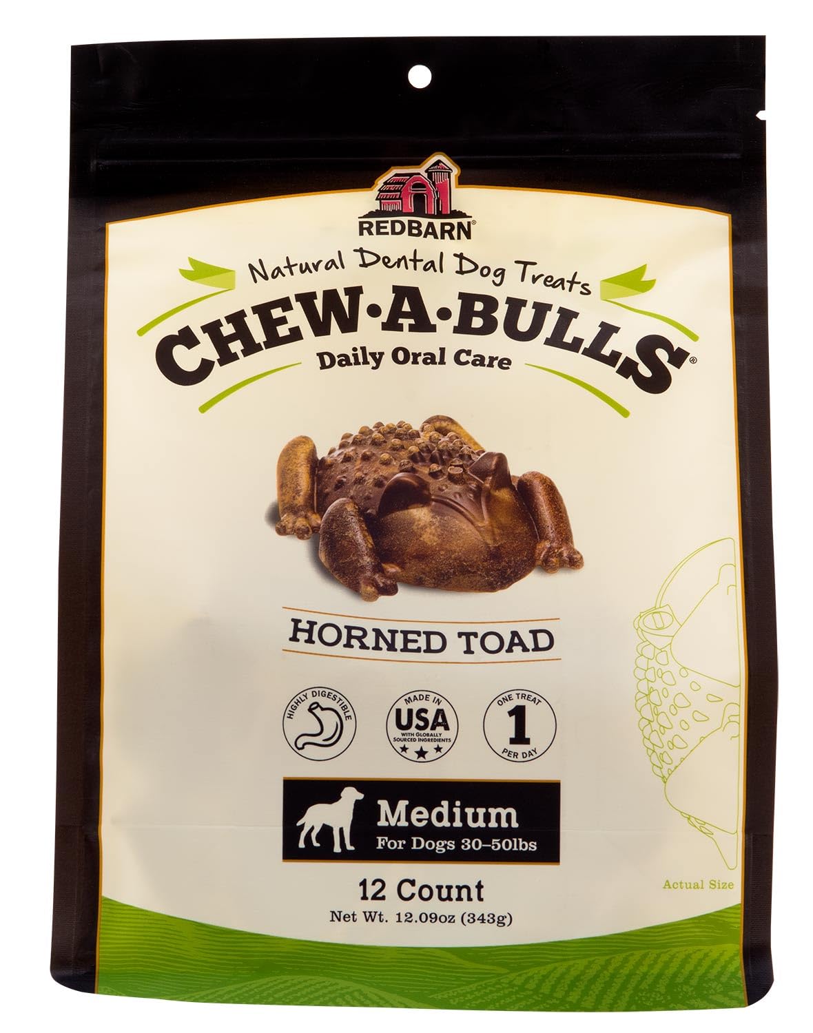 Redbarn Chew-A-Bulls pack with toad shape supporting daily dental care and fresh breath.