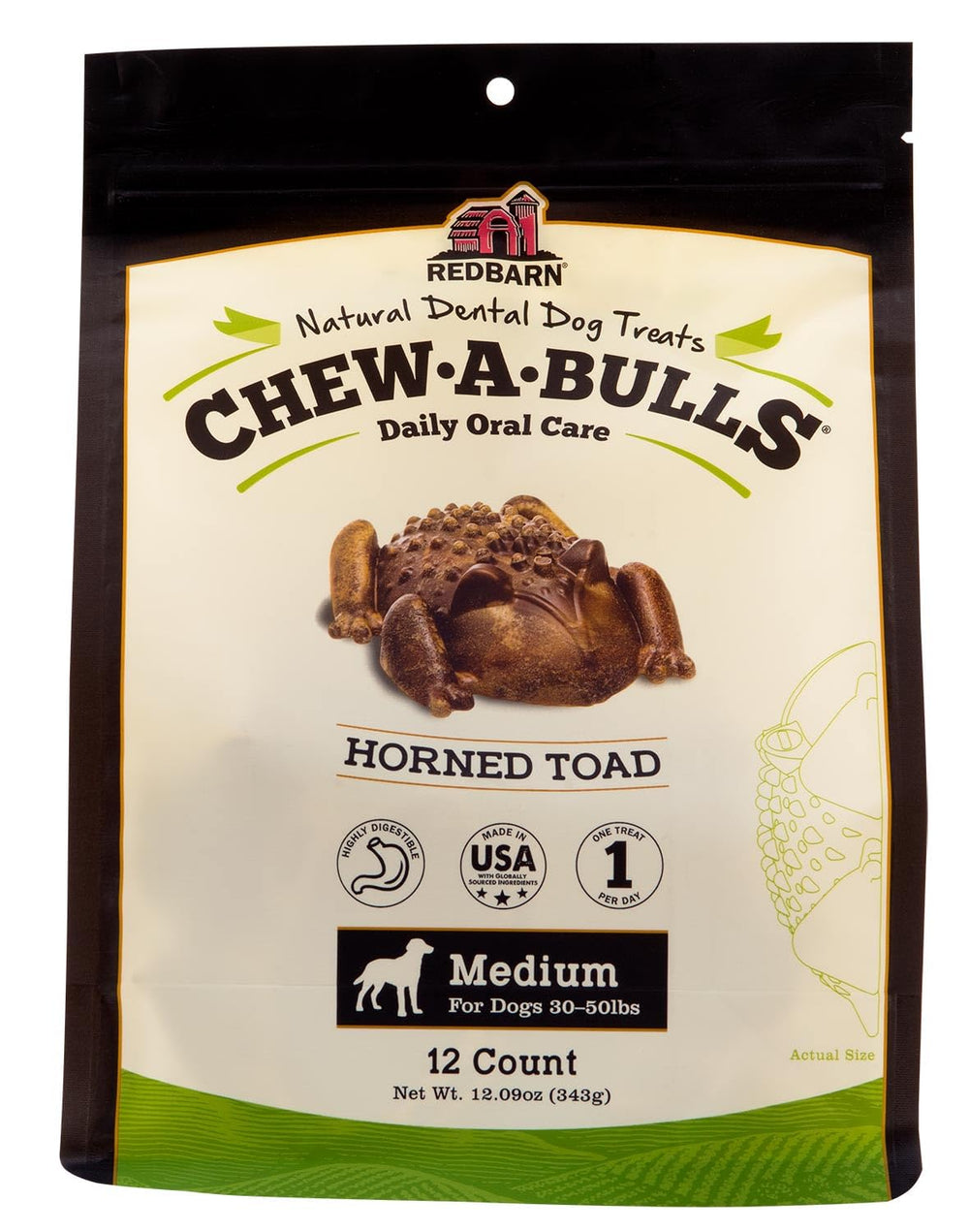 Redbarn Chew-A-Bulls pack with toad shape supporting daily dental care and fresh breath.