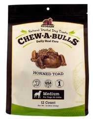 Redbarn Chew-A-Bulls pack with toad shape supporting daily dental care and fresh breath.