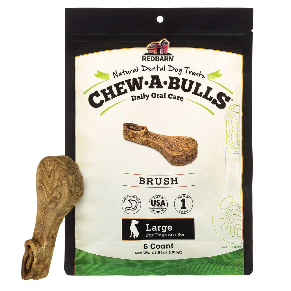 Redbarn Chew-A-Bulls pack front image promoting daily dental care for dogs.