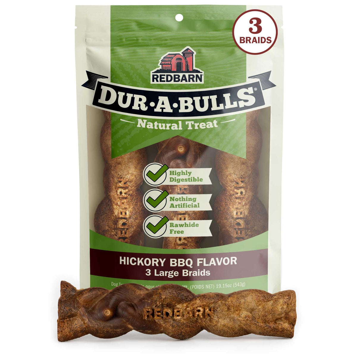 Redbarn Dur-A-Bulls braid hickory 01: smoky, long-lasting chew for dogs.