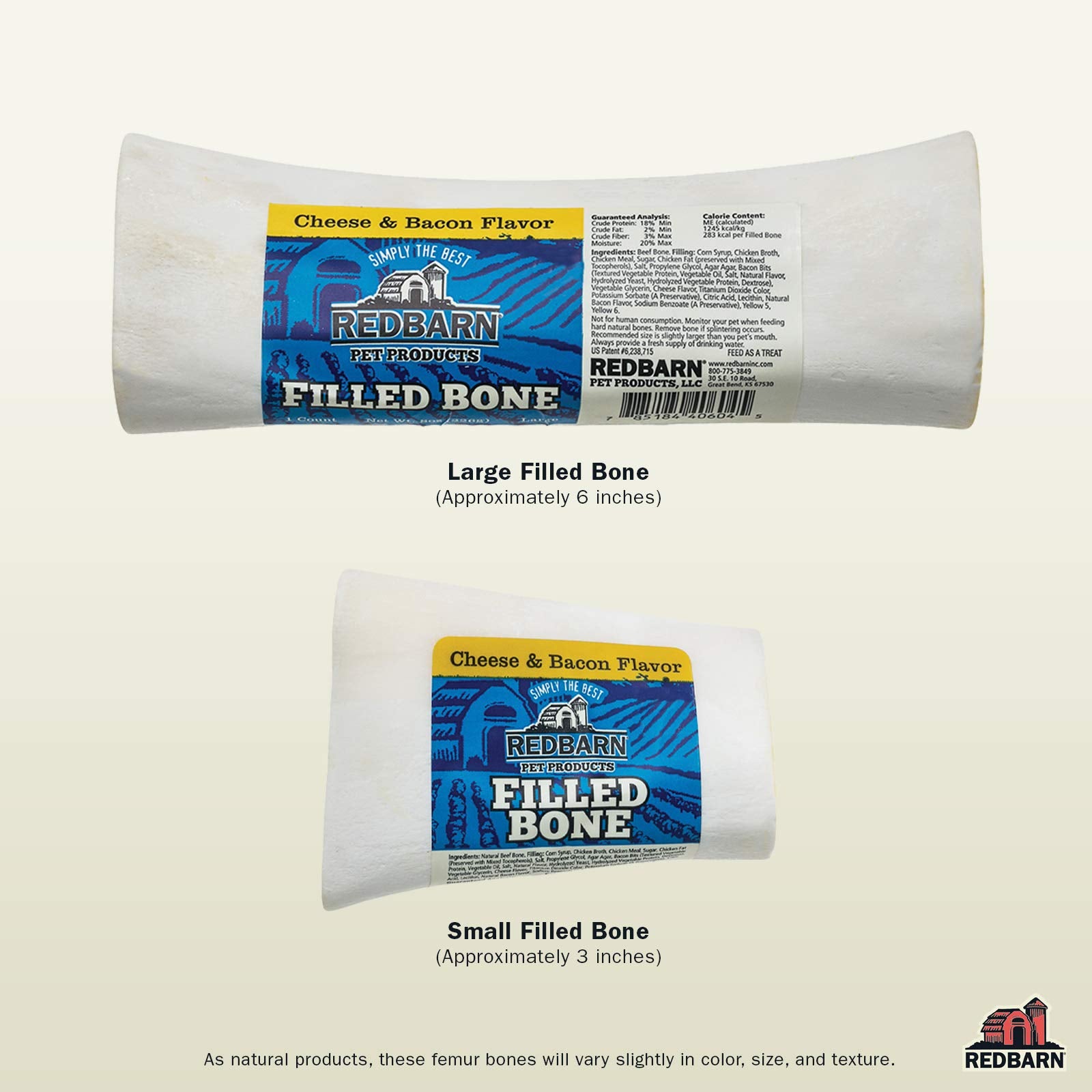 Redbarn filled dog bones closeup; semi-moist fillings entice dogs and encourage chewing.