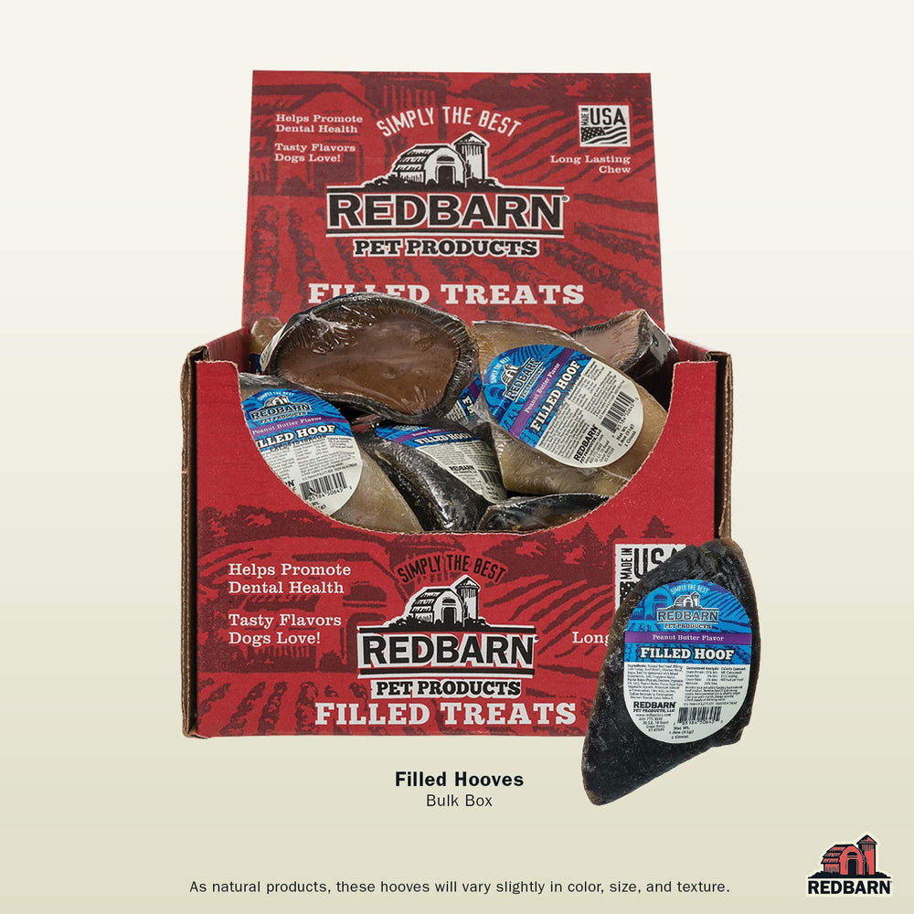 Redbarn Filled Hooves Peanut Butter packaging closeup highlights creamy filling dogs crave