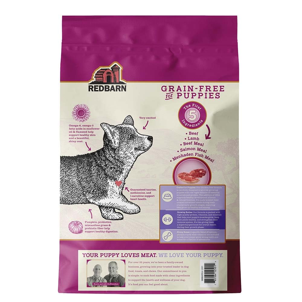 Redbarn grain-free puppy food bag close-up showing high-protein formula