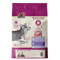 Redbarn grain-free puppy food bag close-up showing high-protein formula