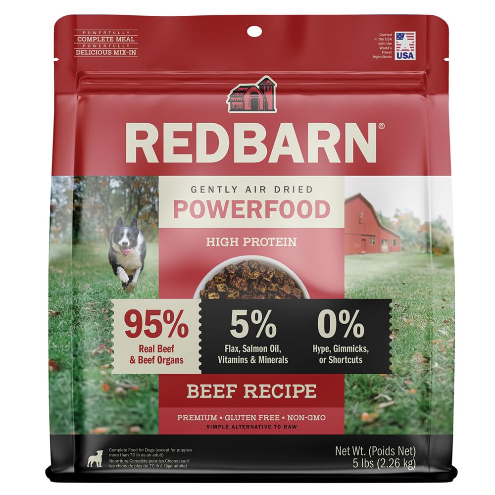Redbarn Powerfood air-dried bites beef highlight high-protein nutrition for active dogs.