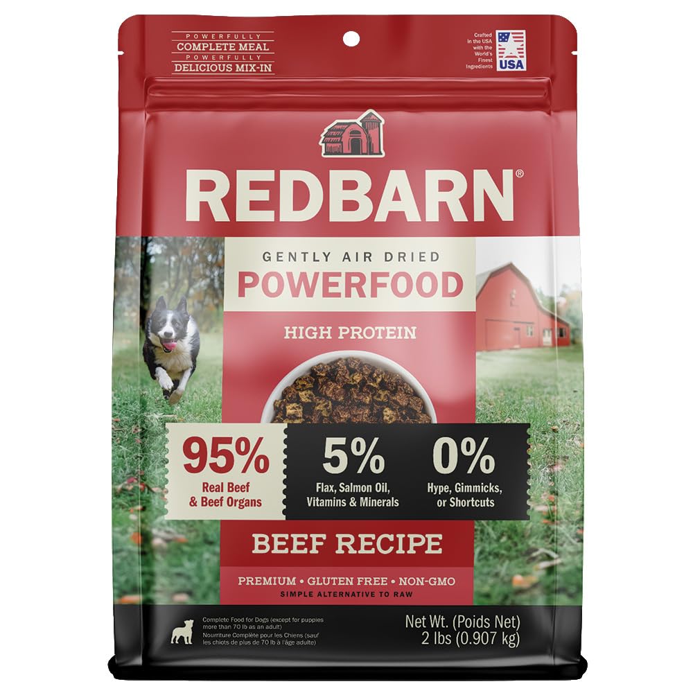 Redbarn Powerfood 2lb bag package shows premium beef ingredients for active dogs.