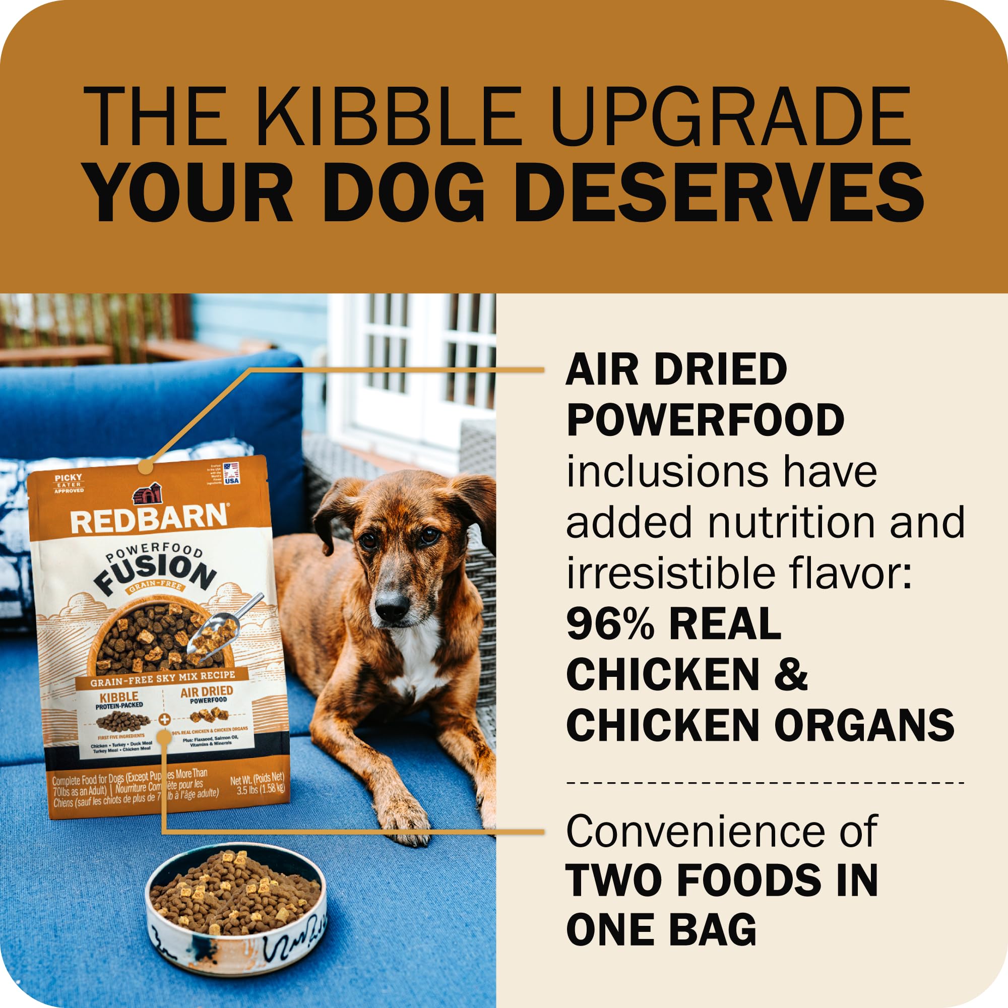 Redbarn Powerfood kibble closeup highlights bite-sized pieces for easy chewing.