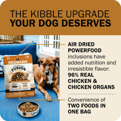 Redbarn Powerfood kibble closeup highlights bite-sized pieces for easy chewing.