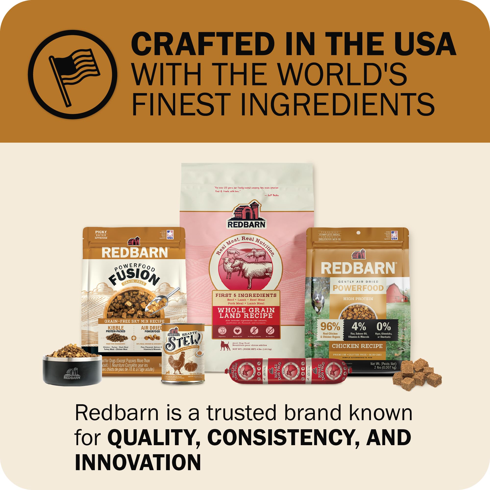 Redbarn Powerfood serving suggestion shows a dog enjoying a nutritious meal.
