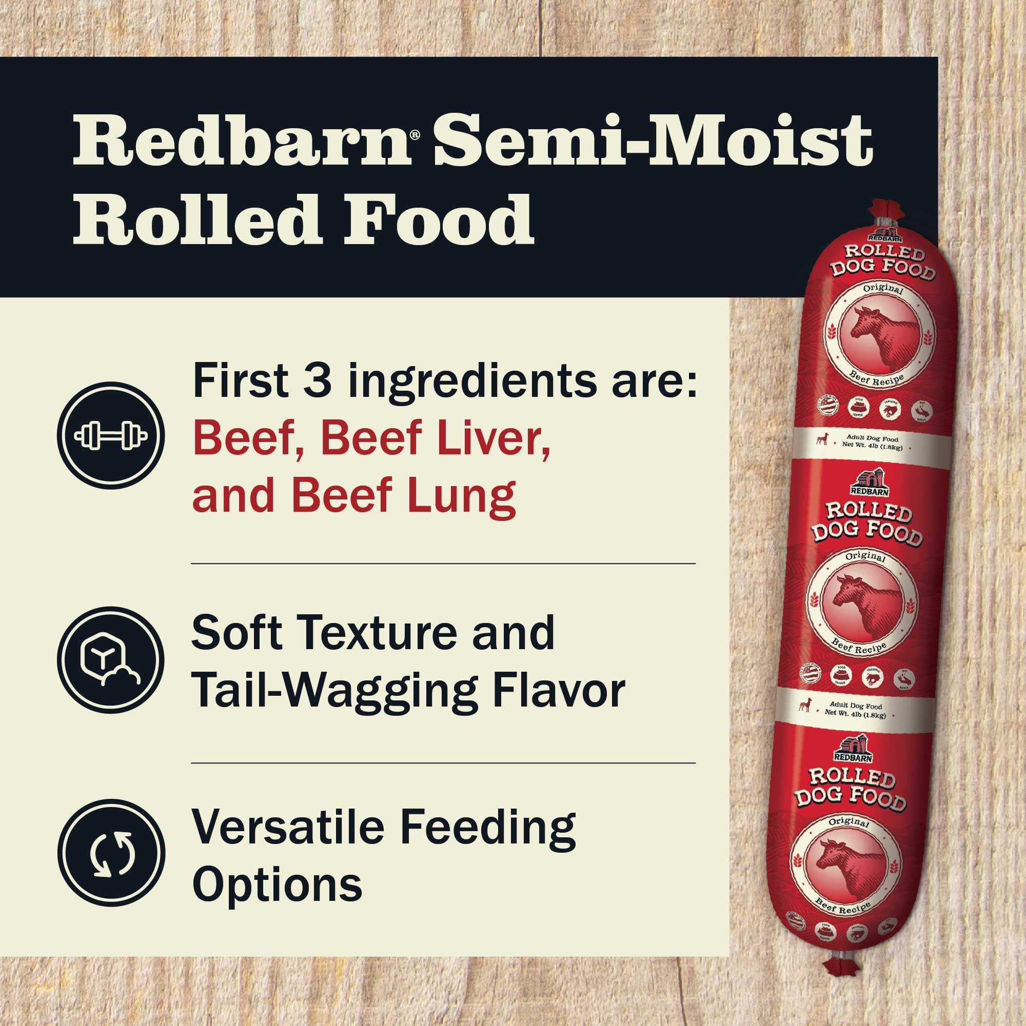 Redbarn Premium Rolled Dog Food Beef Recipe close-up highlights high-protein beef content.