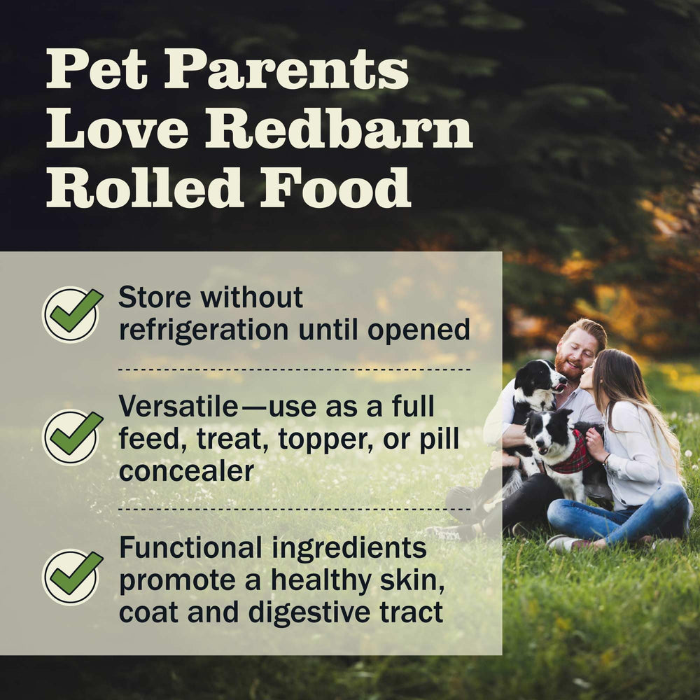 Redbarn Premium Rolled Dog Food Beef Recipe cross-section reveals protein-rich texture.
